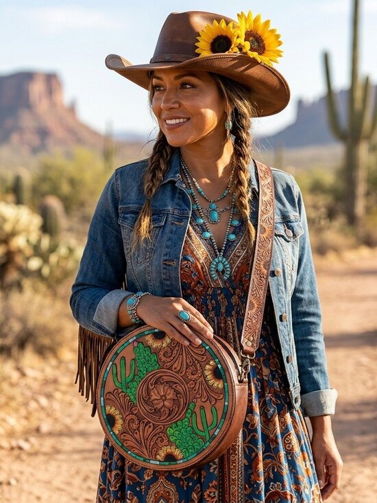 American Darling Handbags - American Darling Desert Sunflower Bloom Tooled Crossbody Canteen Bag
